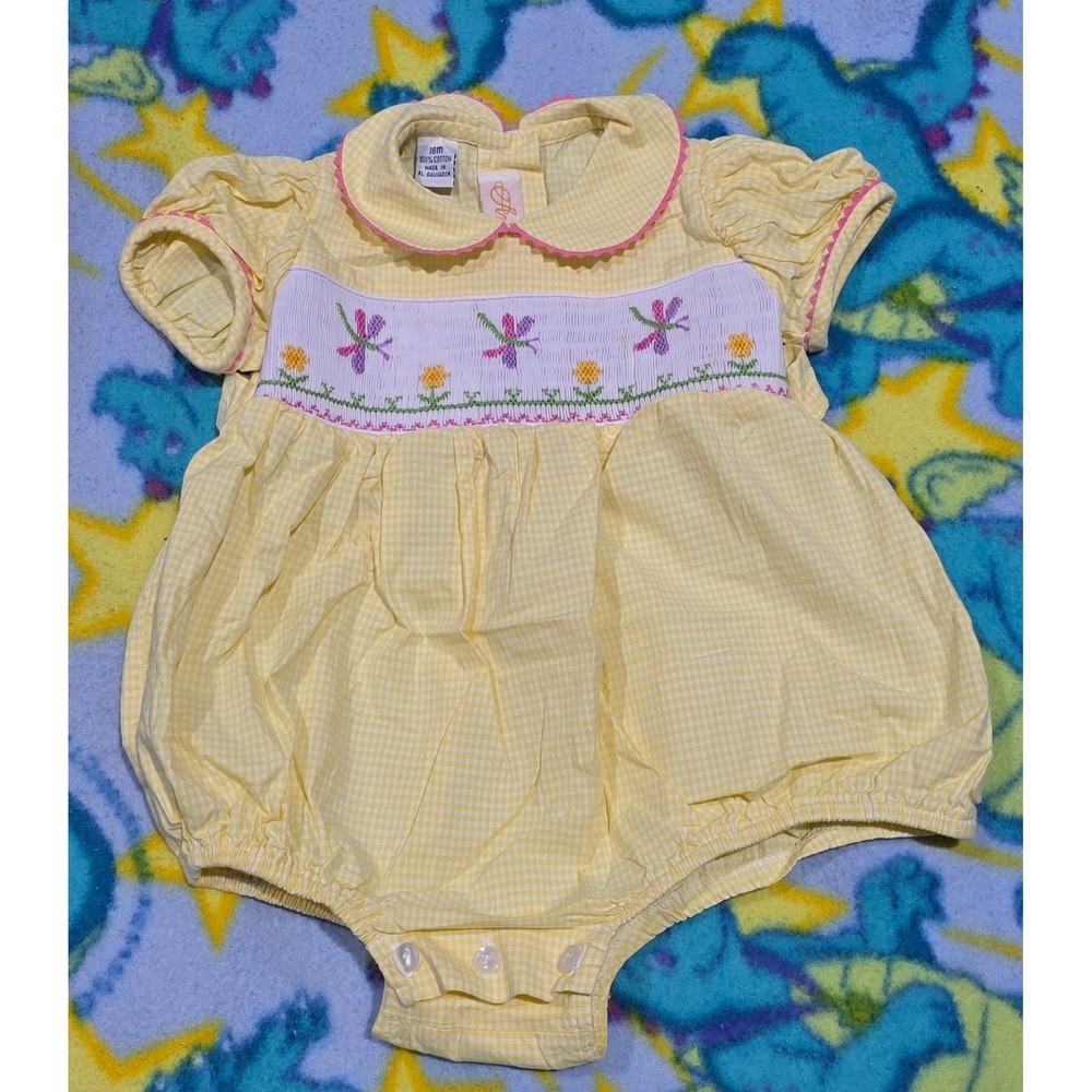 Vintage Anavini Baby Girl Yellow Gingham Smocked Dragonfly Sunsuit Romper 18M
